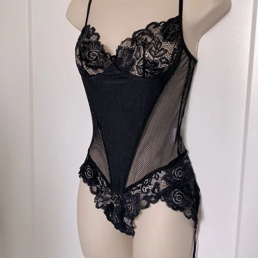 Teddy Black with floral Lace and Mesh. Hosiery Straps for a Sexy Fun Look